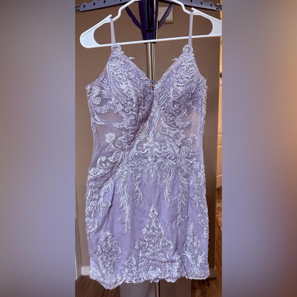 Elegant Lavender Lace Dress with Beaded Details